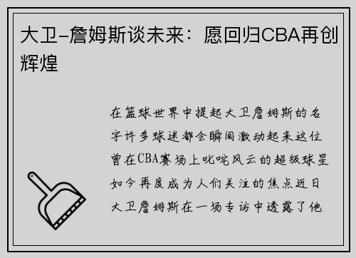 大卫-詹姆斯谈未来：愿回归CBA再创辉煌