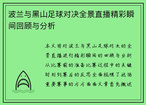 波兰与黑山足球对决全景直播精彩瞬间回顾与分析