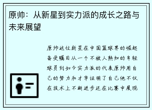 原帅：从新星到实力派的成长之路与未来展望