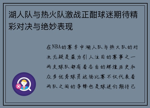 湖人队与热火队激战正酣球迷期待精彩对决与绝妙表现