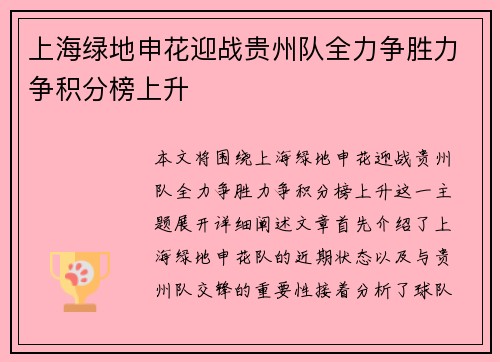 上海绿地申花迎战贵州队全力争胜力争积分榜上升