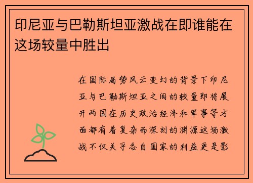 印尼亚与巴勒斯坦亚激战在即谁能在这场较量中胜出