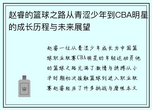 赵睿的篮球之路从青涩少年到CBA明星的成长历程与未来展望