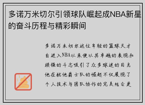 多诺万米切尔引领球队崛起成NBA新星的奋斗历程与精彩瞬间