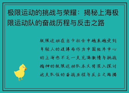 极限运动的挑战与荣耀：揭秘上海极限运动队的奋战历程与反击之路