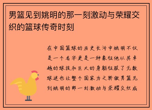 男篮见到姚明的那一刻激动与荣耀交织的篮球传奇时刻