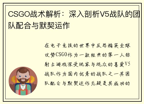CSGO战术解析：深入剖析V5战队的团队配合与默契运作