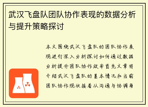武汉飞盘队团队协作表现的数据分析与提升策略探讨