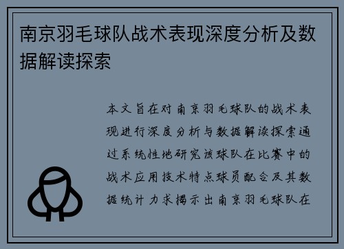 南京羽毛球队战术表现深度分析及数据解读探索