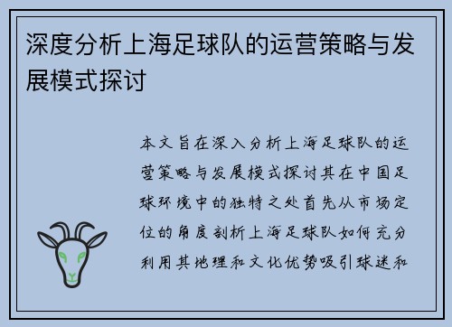 深度分析上海足球队的运营策略与发展模式探讨
