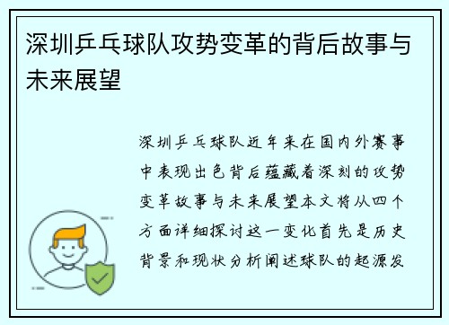 深圳乒乓球队攻势变革的背后故事与未来展望