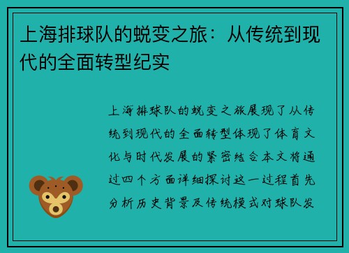 上海排球队的蜕变之旅：从传统到现代的全面转型纪实